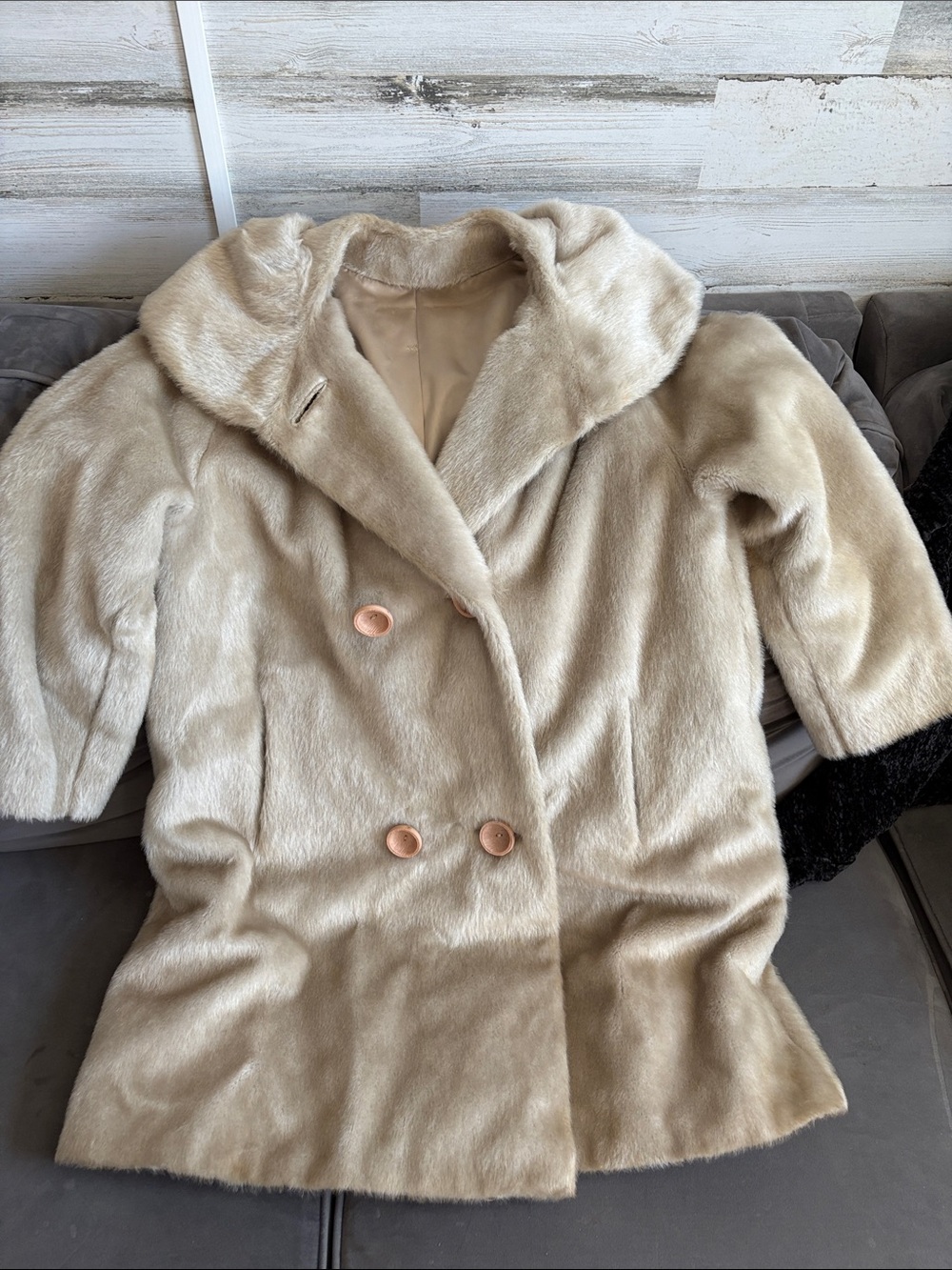 Classic Double-Breasted Faux Fur Pea Coat in Cream
